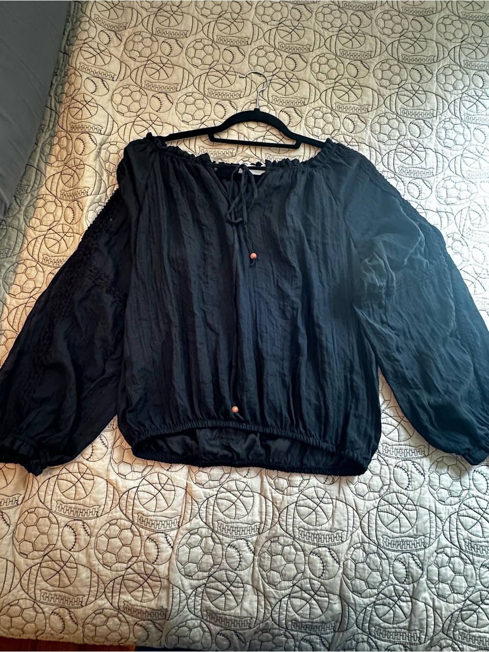 H&M Black Peasant Blouse with Tie Detail